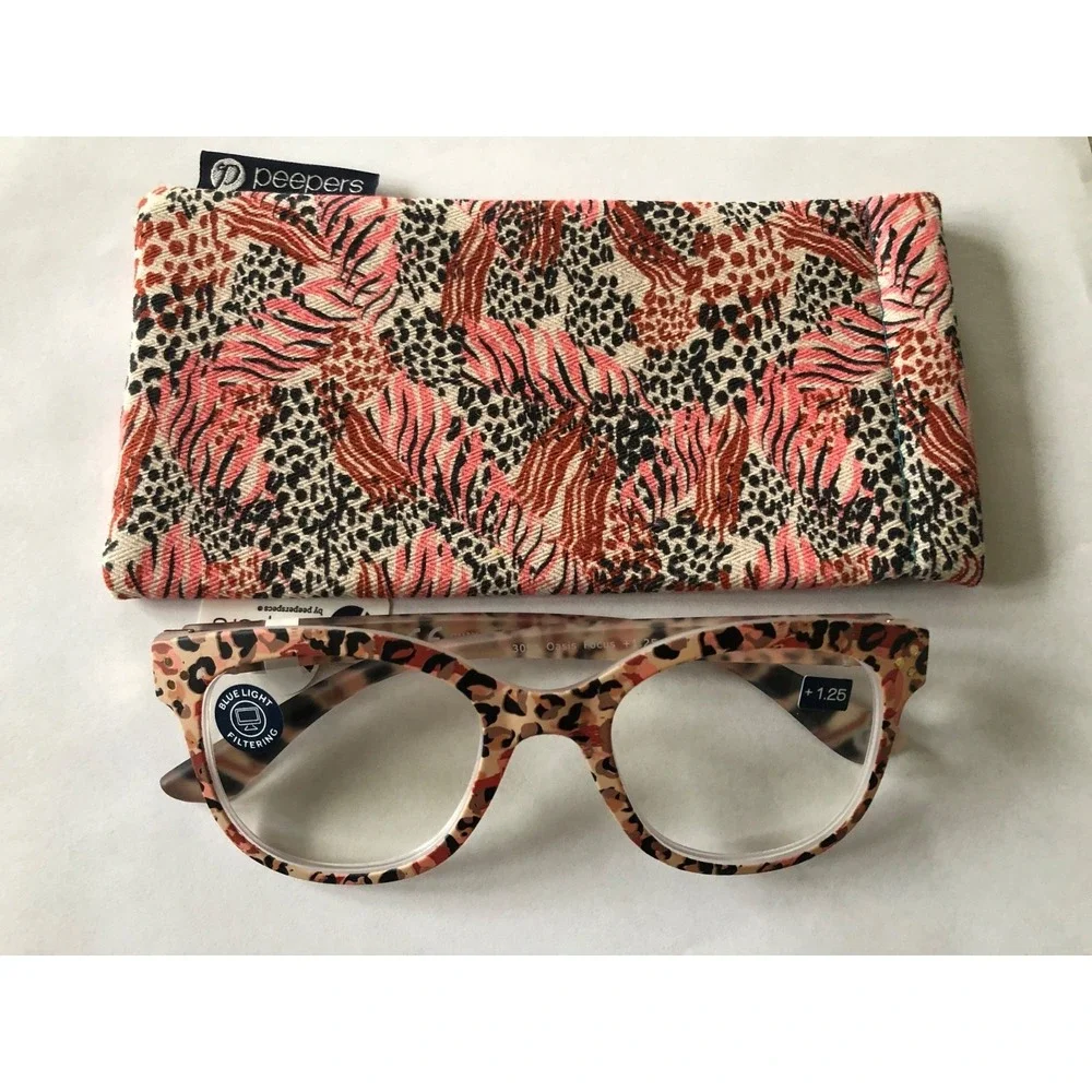 New Leopard Coral Peepers blue light filter readers +1.25 & case